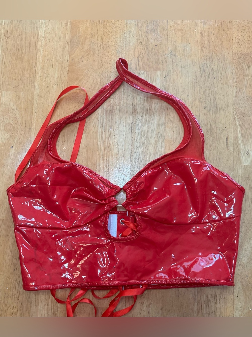 Dolls Kill Red Vinyl Halter Lace-Up Crop Bralette